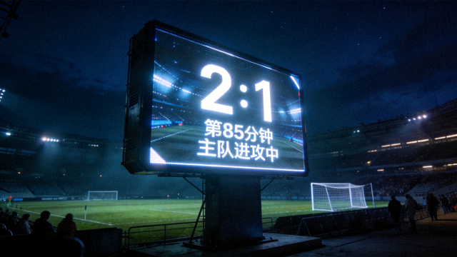 夜晚足球场边大屏幕显示比分与赛事信息
